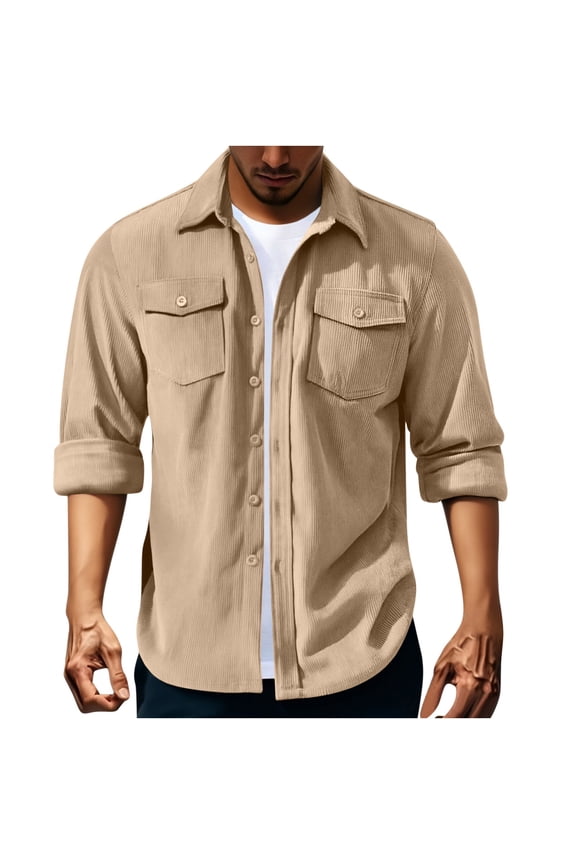 Mens Corduroy Shirts Jacket Button Down Long Sleeve Work Shirts Casual Collared Shackets Overshirts with Flap Pockets
