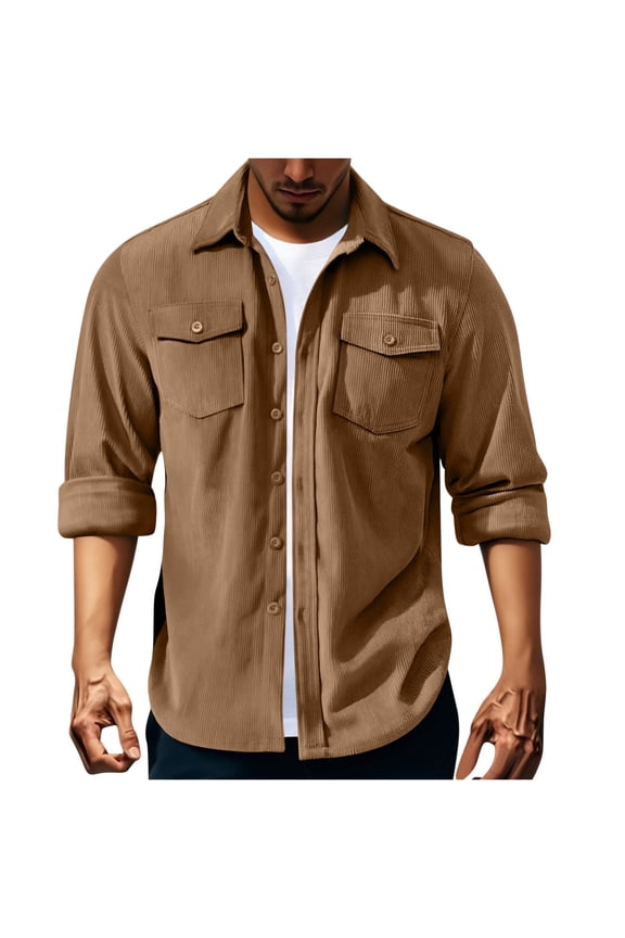 Mens Corduroy Shirts Jacket Button Down Long Sleeve Work Shirts Casual Collared Shackets Overshirts with Flap Pockets