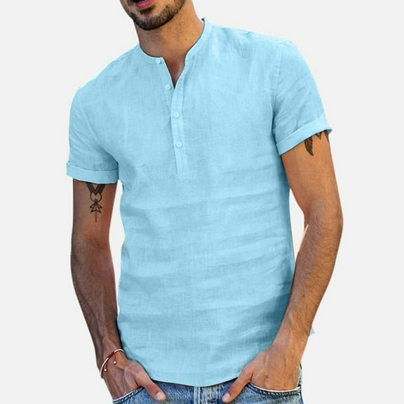 UQJfacai Mens Cotton Linen Henley Shirts Short Sleeve Mock Neck Casual T-Shirts Summer Button Slim Fit Beach Tees Tops S-2XL