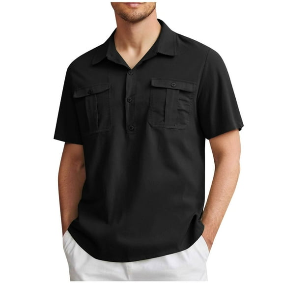 UQJfacai Mens Cotton Linen Shirt Button Down Short Sleeve Lapel Collar Henley Blouses Summer Work Dress Tops with Pockets S-5XL