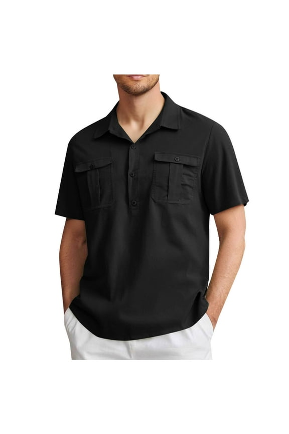 Mens Cotton Linen Shirt Button Down Short Sleeve Lapel Collar Henley Blouses Summer Work Dress Tops with Pockets S-5XL