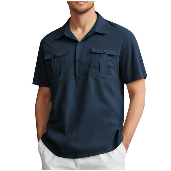 UQJfacai Mens Cotton Linen Shirt Button Down Short Sleeve Lapel Collar Henley Blouses Summer Work Dress Tops with Pockets S-5XL