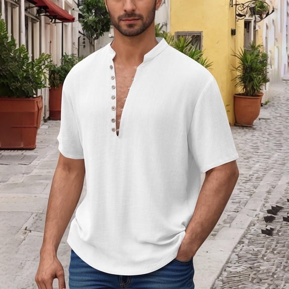UQJfacai Mens Cotton Linen T-Shirt V-Neck Button Long Sleeve Hippie Casual Summer T-Shirts Fashion Loose Beach Blouse Tee S-2XL