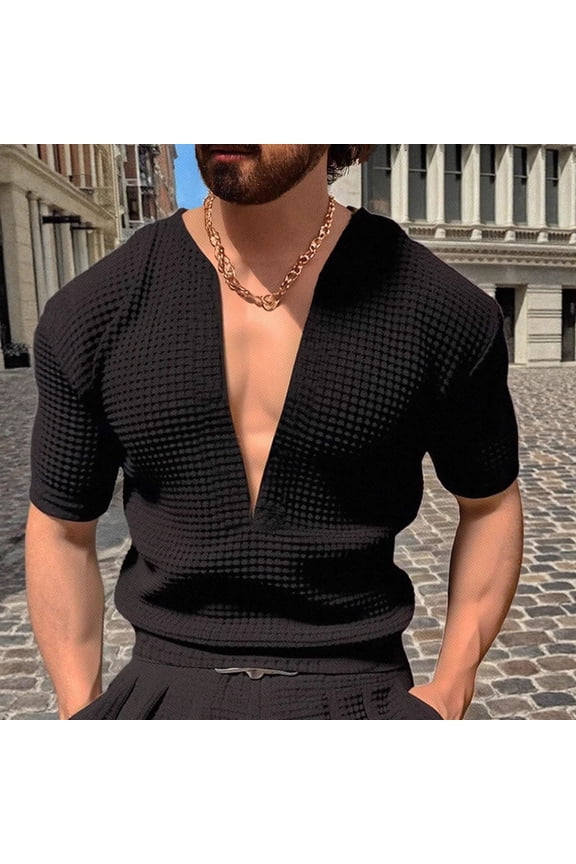 Mens Deep V Neck Waffle Knit Shirts Stretch Muscle Gym Workout T-Shirt Summer Casual Low Cut Short Sleeve Tops S-2XL