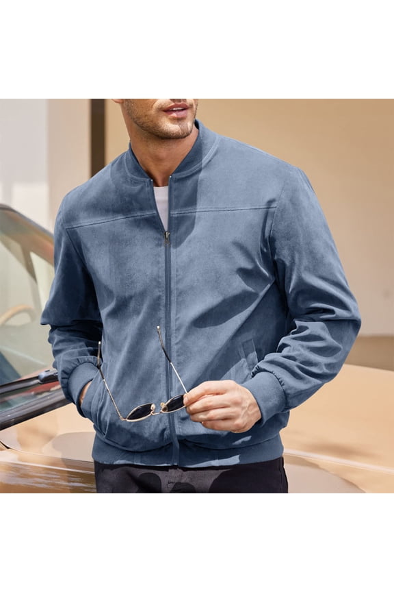 Mens Faux Suede Bomber Jacket Full Zip Up Cropped Jacekt Fall Winter Long Sleeve Fashion Casual Outerwear Coats with Pockets