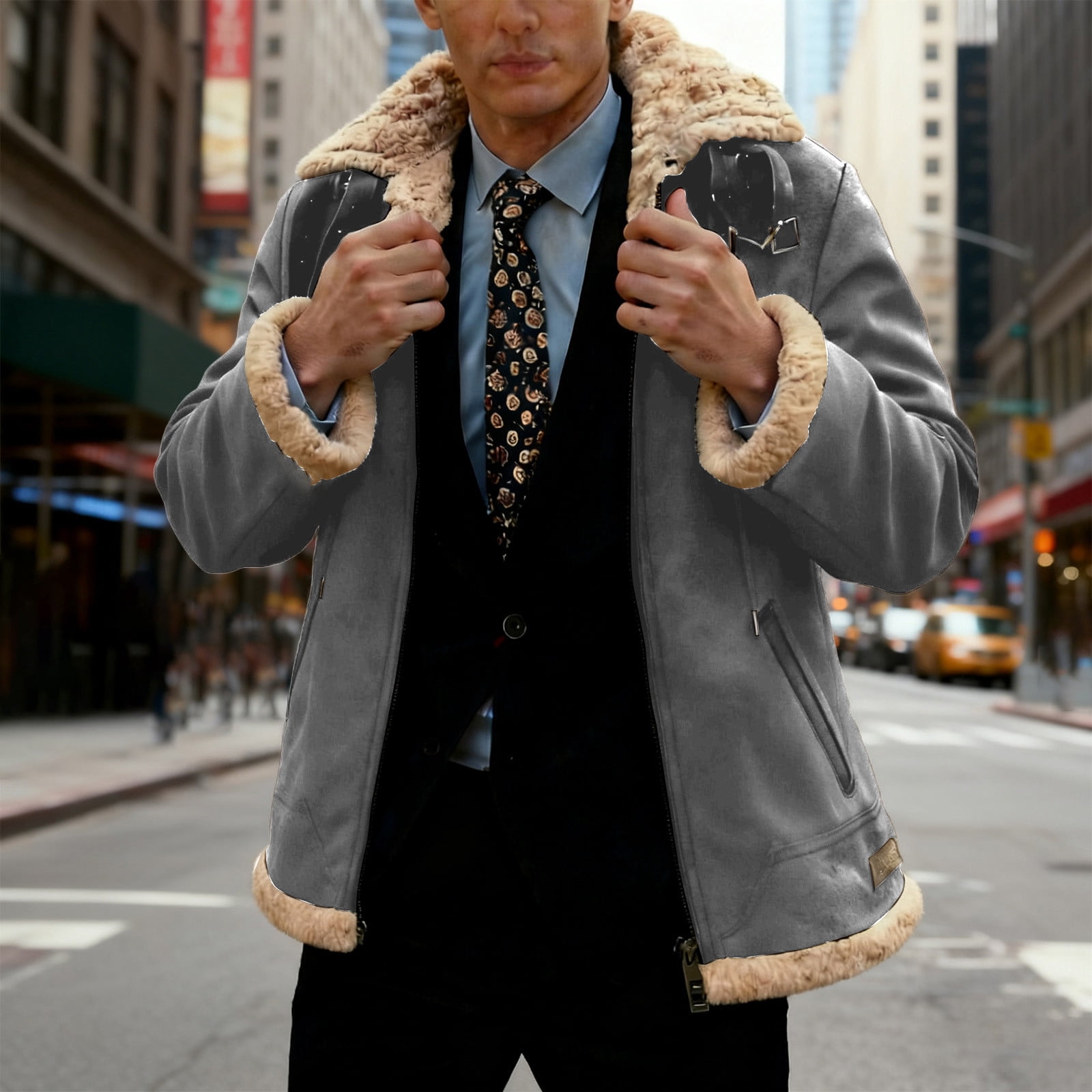 UQJfacai Mens Faux Suede Leather Jacket Sherpa Lined Collared Trucker Cargo Coat Winter Warm Thick Casual Outerwear with Pockets