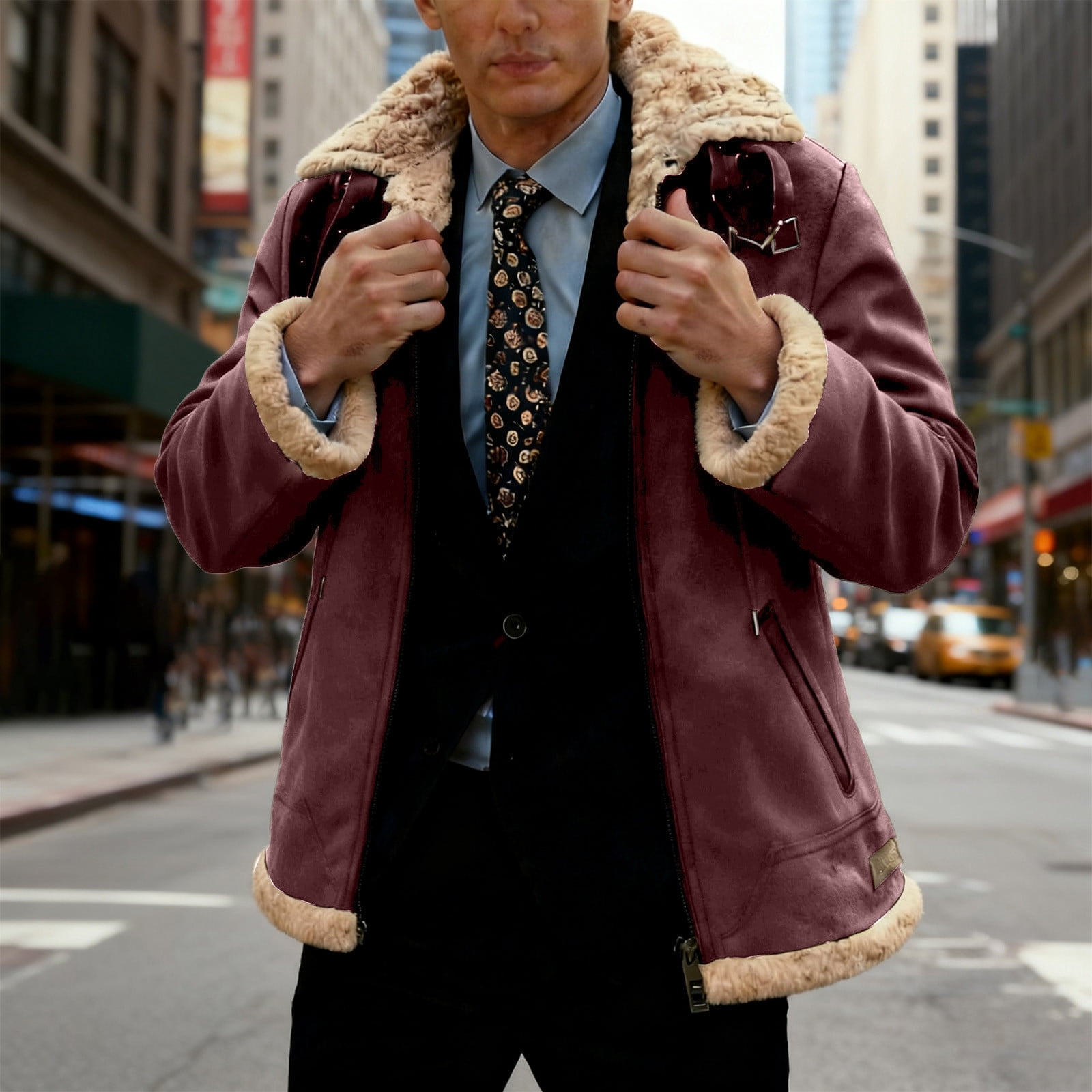 UQJfacai Mens Faux Suede Leather Jacket Sherpa Lined Collared Trucker Cargo Coat Winter Warm Thick Casual Outerwear with Pockets