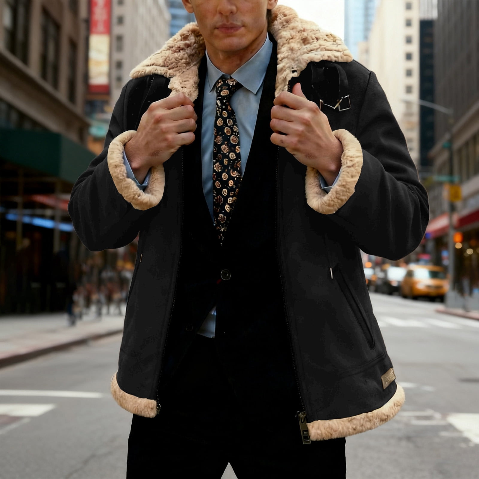 UQJfacai Mens Faux Suede Leather Jacket Sherpa Lined Collared Trucker Cargo Coat Winter Warm Thick Casual Outerwear with Pockets