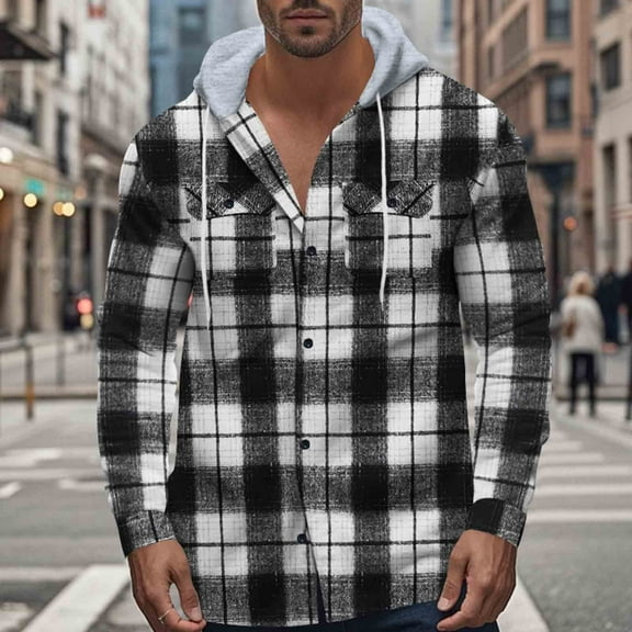 UQJfacai Mens Flannel Hoodie Shirts Casual Button Down Plaid Shirt Jackets Fall Long Sleeve Drawstring Hooded Shackets with Pockets