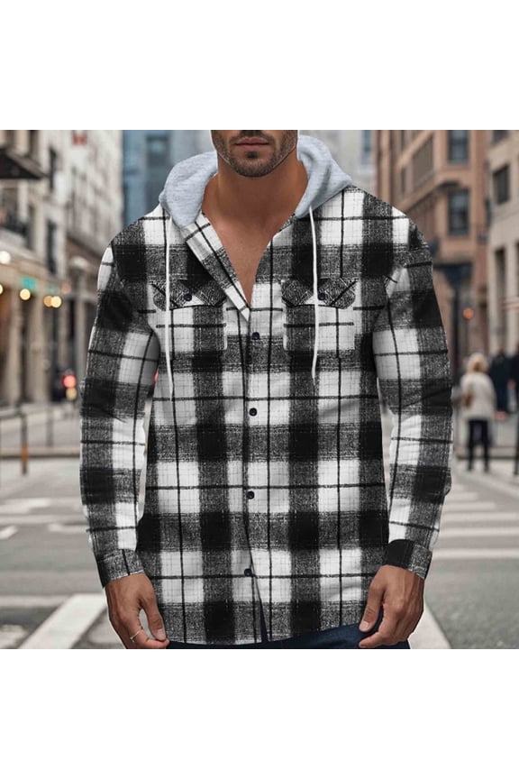 Mens Flannel Hoodie Shirts Casual Button Down Plaid Shirt Jackets Fall Long Sleeve Drawstring Hooded Shackets with Pockets