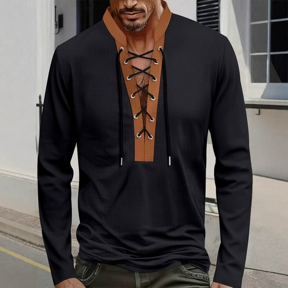 UQJfacai Mens Henley Shirt Waffle Long Sleeve Lace Up Vintage Casual T-Shirt Fall Winter Stylish Color Block Stand Collar Tee Tops