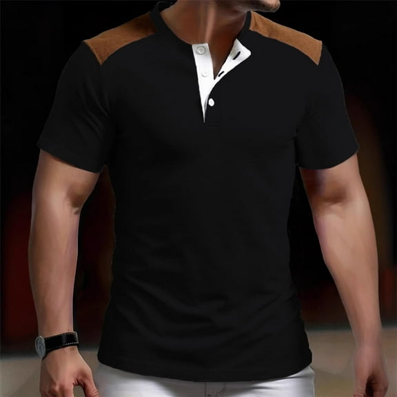 UQJfacai Mens Henley Shirts Casual Mock Neck Short Sleeve Button Up T-Shirt Summer Fashion Color Block Basic Tees Tops S-3XL