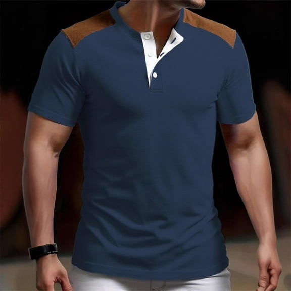 UQJfacai Mens Henley Shirts Casual Mock Neck Short Sleeve Button Up T-Shirt Summer Fashion Color Block Basic Tees Tops S-3XL
