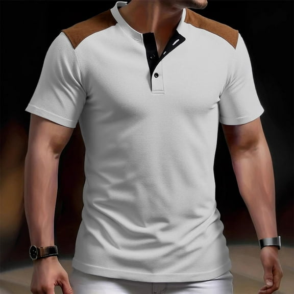 UQJfacai Mens Henley Shirts Casual Mock Neck Short Sleeve Button Up T-Shirt Summer Fashion Color Block Basic Tees Tops S-3XL