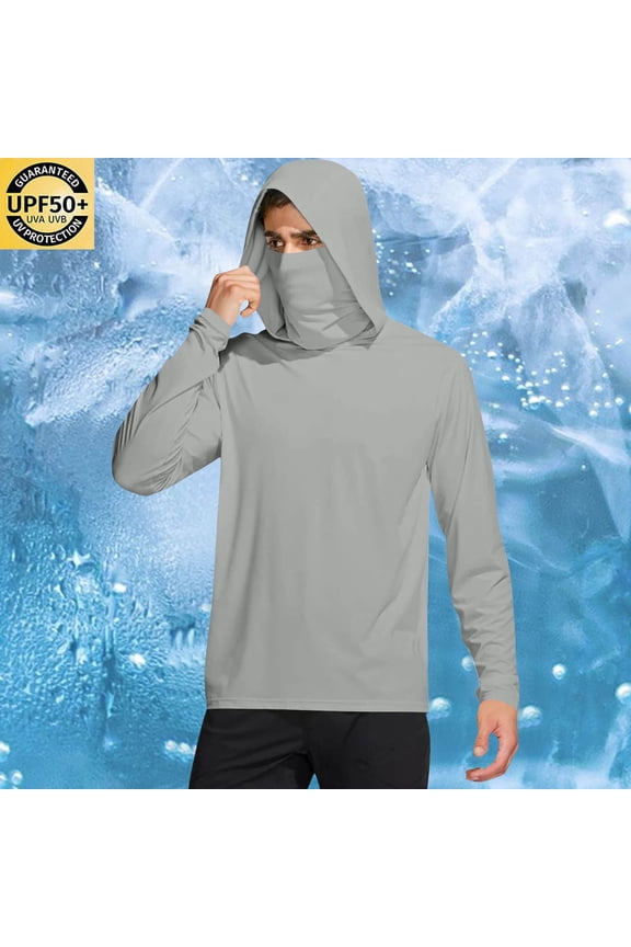 Mens Hooded Sun Shirts with Mask Lightweight Fishing Hiking T-Shirts Long Sleeve UPF 50 Rash Guards Cooling Hoodies M-2XL
