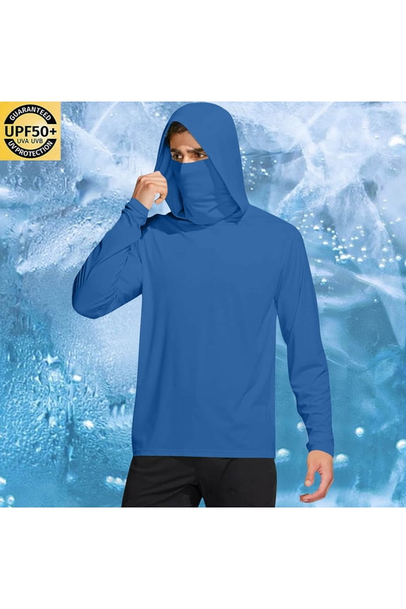 Mens Hooded Sun Shirts with Mask Lightweight Fishing Hiking T-Shirts Long Sleeve UPF 50 Rash Guards Cooling Hoodies M-2XL