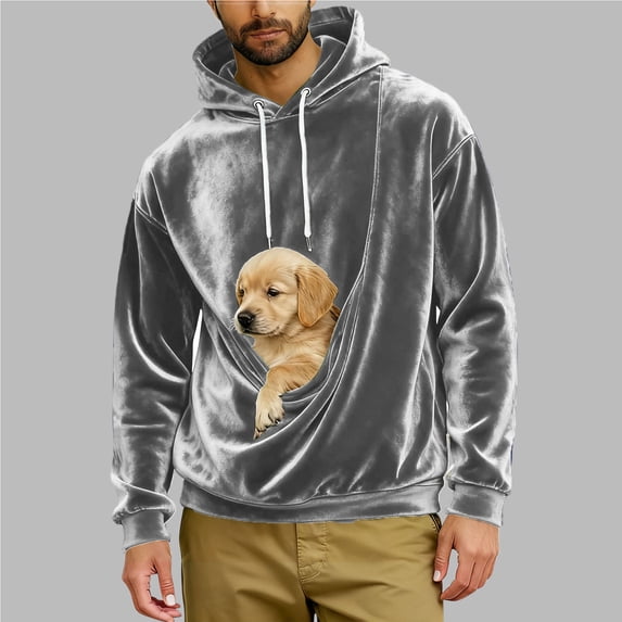 UQJfacai Mens Kangaroo Pouch Hoodie for Dogs Cats Velvet Pet Carrier Hooded Sweatshirt Animal Holder Long Sleeve Pullover Tops S-3XL