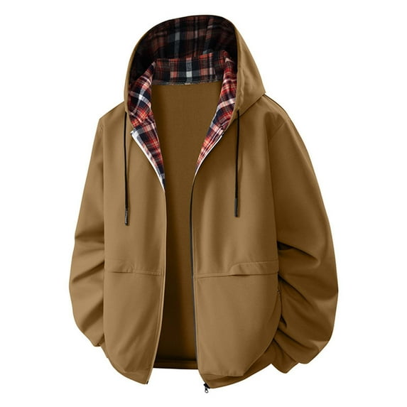 UQJfacai Mens Lightweight Jackets Plaid Zip Up Windbreakers Fall Winter Drawstring Hooded Long Sleeve Casual Stylish Coats Outerwear