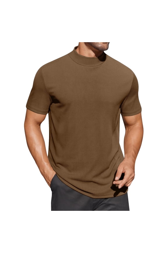 Mens Mock Turtleneck Sweater Short Sleeve Casual Basic Tops Strech Ribbed Knit Pullover Loose Fit Solid Tees S-2XL