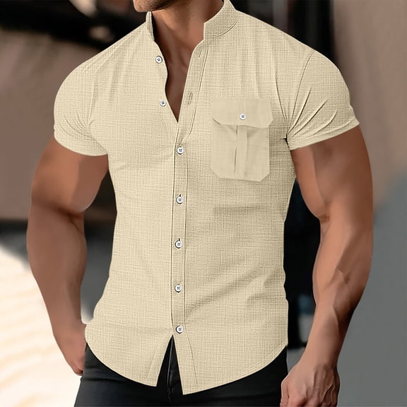 UQJfacai Mens Muscle Fit Dress Shirts Athletic Slim Fit Short Sleeve Summer Casual Stand Collar Button Down Shirt with Pocket S-3XL