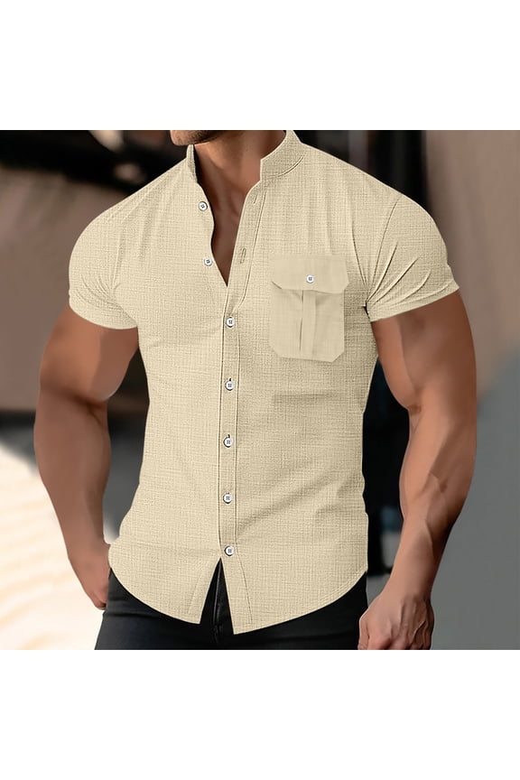 Mens Muscle Fit Dress Shirts Athletic Slim Fit Short Sleeve Summer Casual Stand Collar Button Down Shirt with Pocket S-3XL