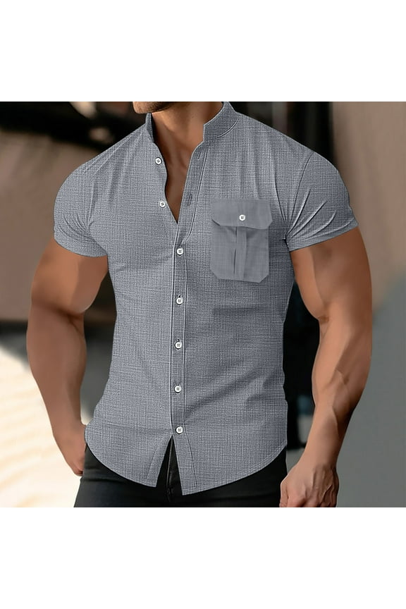 Mens Muscle Fit Dress Shirts Athletic Slim Fit Short Sleeve Summer Casual Stand Collar Button Down Shirt with Pocket S-3XL