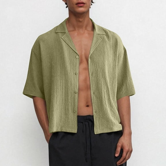 UQJfacai Mens Oversized Cropped Button Down Shirts Casual Short Sleeve Solid Loose Shirts Collared Sumemr Beach Shirt S-3XL