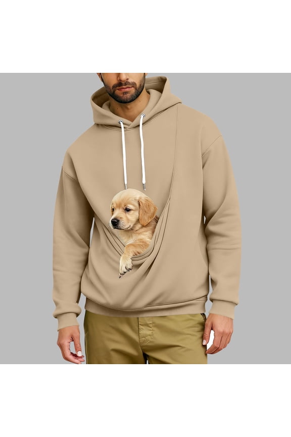 Mens Pouch Hoodie with Pet Pocket Long Sleeve Fleece Pullover Sweatshirt Kangaroo Casual Loose Hooded Tops for Dog Cat