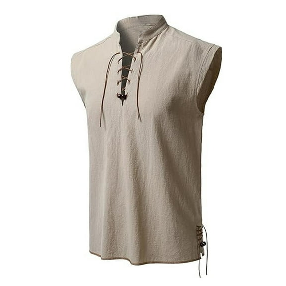 UQJfacai Mens Retro Lace Up Sleeveless Shirts for Pirate Renaissance Medieval Viking Costume Vintage Halloween Mock Neck Vest Top