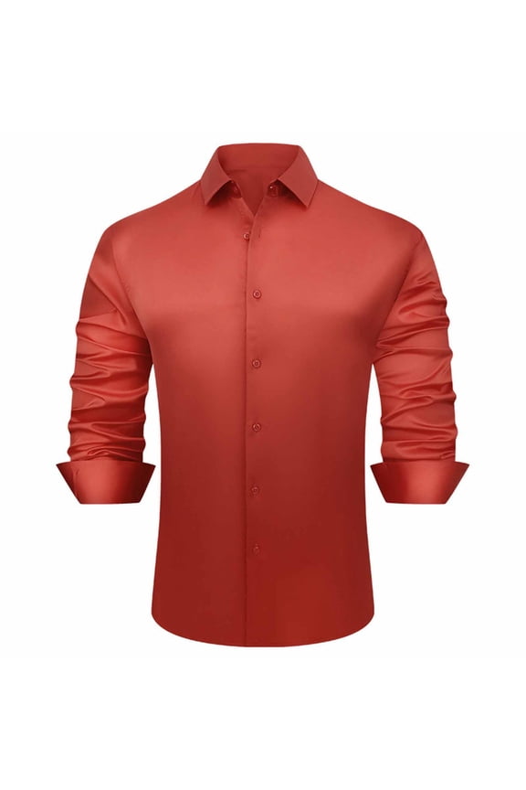 Mens Shiny Satin Dress Shirts Long Sleeve Button Down Strech Silk Shirt Collared Dressy Business Casual Blouse S-2XL