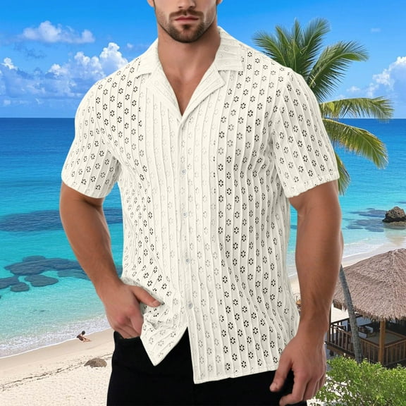 UQJfacai Mens Short Sleeve Button Down Shirts Casual Hollow Out Summer Beach Shirt Fashion Lightweight Collared Shirt S-3XL