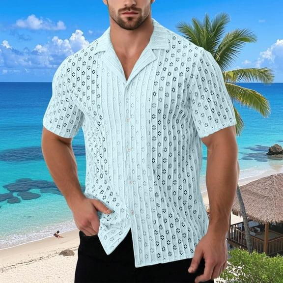 UQJfacai Mens Short Sleeve Button Down Shirts Casual Hollow Out Summer Beach Shirt Fashion Lightweight Collared Shirt S-3XL
