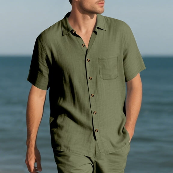 UQJfacai Mens Short Sleeve Button Down Shirts Summer Textured Lapel Collar Blouses Casual Vacation Beach Shirt with Pocket S-3XL