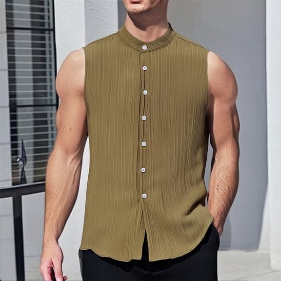 UQJfacai Mens Sleeveless Button Down Shirts Casual Summer Tank Tops Textured Lightweight Stand Collar Beach Shirt S-2XL