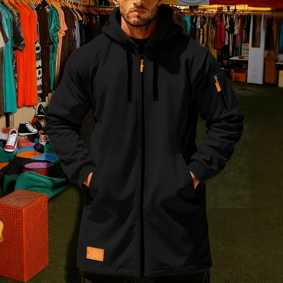 UQJfacai Mens Trench Coat Oversized Fleece Hoodie Long Jacket Full Zip Hooded Casual Warm Winter Coats Outerwear with Pockets