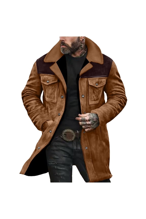 Mens Vintage Faux Suede Jackets Western Cowboy Plush Collared Coats Winter Clothes Color Block Button Down Retro Casual Outerwear