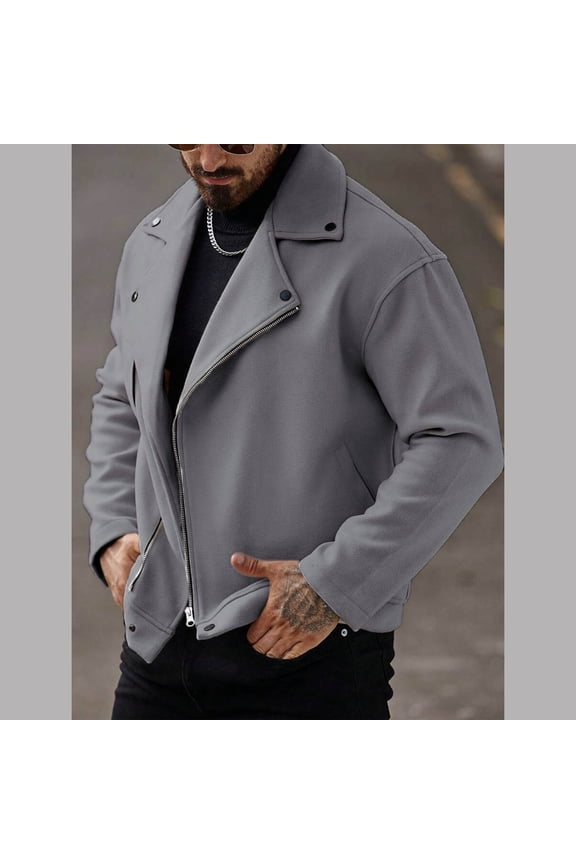 Mens Wool Blend Cropped Jackets Zip Up Classic Notched Collar Coats Slylish Fall Winter Short Overcoat Outerwear with Pockets