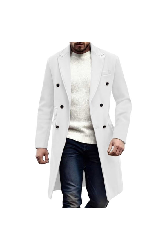 Mens Wool Blend Pea Coat Notched Collar Double Breasted Overcoat Jacket Warm Winter Trendy Long Trench Coat with Pockets
