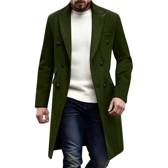 UQJfacai Mens Wool Blend Pea Coat Notched Collar Double Breasted Overcoat Jacket Warm Winter Trendy Long Trench Coat with Pockets