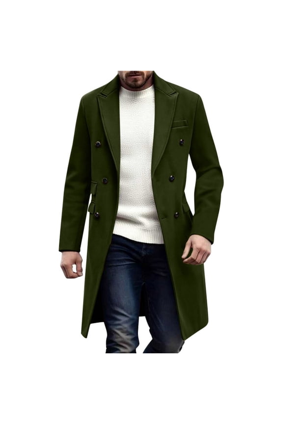 Mens Wool Blend Pea Coat Notched Collar Double Breasted Overcoat Jacket Warm Winter Trendy Long Trench Coat with Pockets