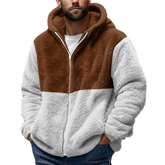 UQJfacai Mens Zip Up Hoodie Fuzzy Sherpa Hooded Oversized Sweatshirt Color Block Cozy Soft Winter Jackets Coats Outerwear with Pockets