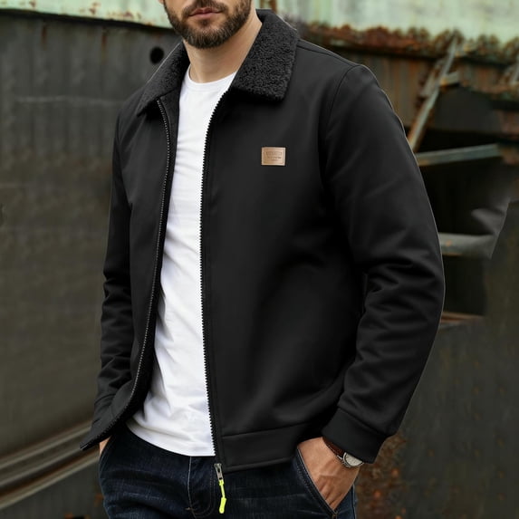 UQJfacai Mens Zip Up Jacket Fleece Lined Lapel Collar Work Office Long Sleeve Jackets Fall Winter Dressy Casual Golf Outerwear