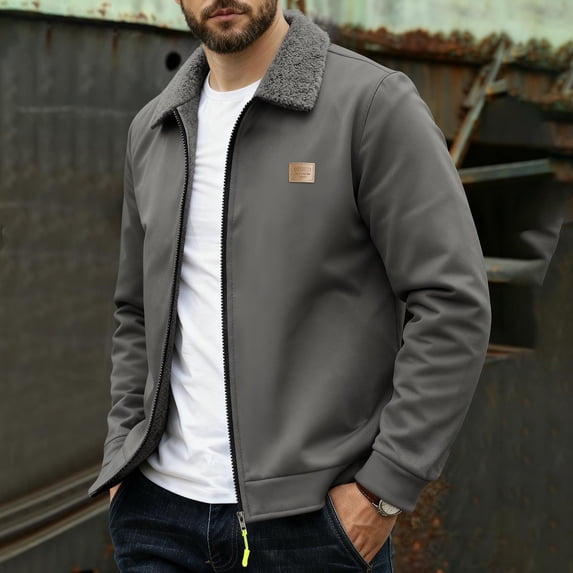 UQJfacai Mens Zip Up Jacket Fleece Lined Lapel Collar Work Office Long Sleeve Jackets Fall Winter Dressy Casual Golf Outerwear
