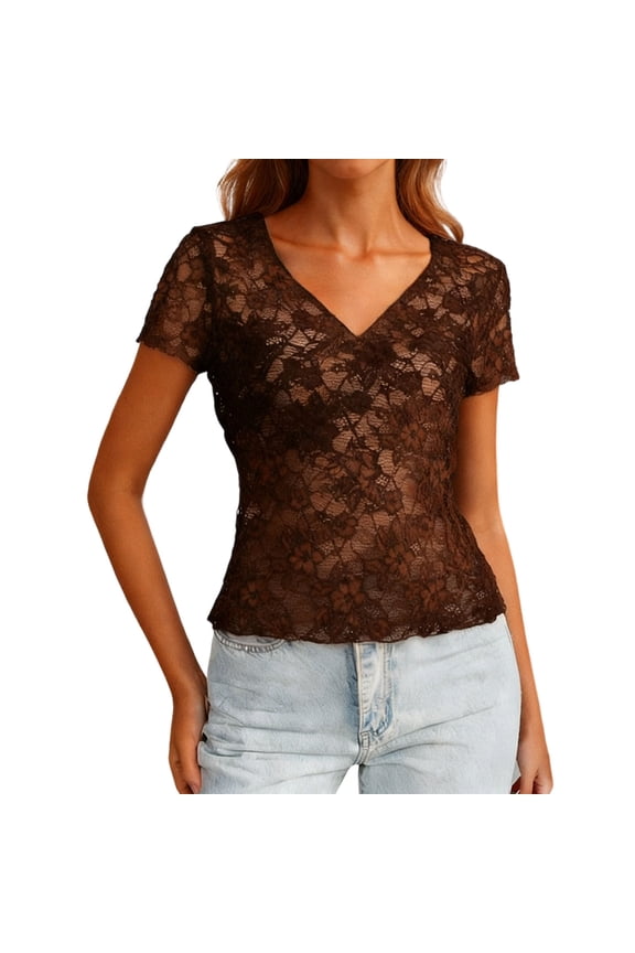 Mesh Tops for Women Sheer Short Sleeve Tops V Neck Lace Blouses Under Shirts Floral Slim Fitted Tunic Tee Shirt XXL