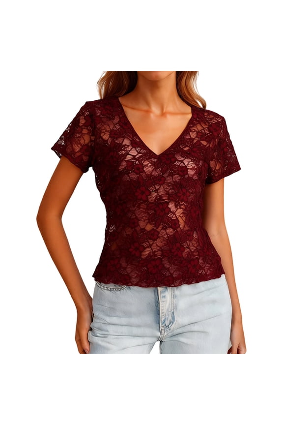Mesh Tops for Women Sheer Short Sleeve Tops V Neck Lace Blouses Under Shirts Floral Slim Fitted Tunic Tee Shirt XXL
