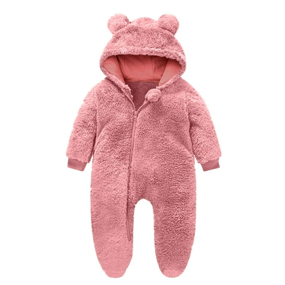 UQJfacai Newborn Baby Onesies Fuzzy Fleece Cute Bear Ear Hooded Rompers Zipper Long Sleeve Jumpsuit Infant Warm Winter Outfit