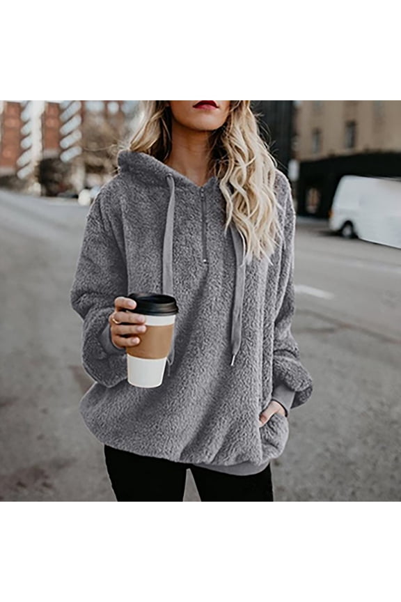 Oversized Hoodie for Women Sherpa Quarter Zip Pullover Fuzzy Fleece Sweatshirt Fluffy Long Sleeve Jacket Coat with Pockets