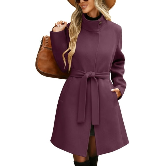 UQJfacai Pea Coats for Women Winter Wool Blend Stand Collar Belted Long Trech Coat Business Casual Blazer Jacket with Pockets
