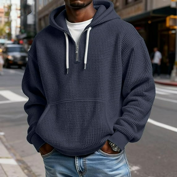 UQJfacai Quarter Zip Hoodie Men Shirts Long Sleeve Waffle Solid Color Oversized Sweatshirt Fall Winter 1/4 Zip Pullover with Pocket
