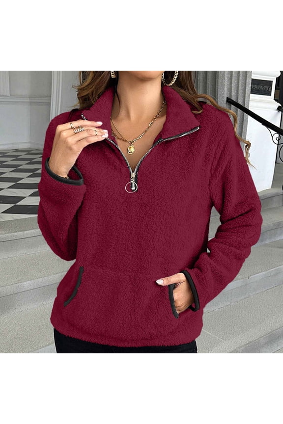 Quarter Zip Pullover Women Fuzzy Fleece Fall Sweater Casual Long Sleeve Tops Sherpa Stand Collar Oversized Sweatshirt with Pocket
